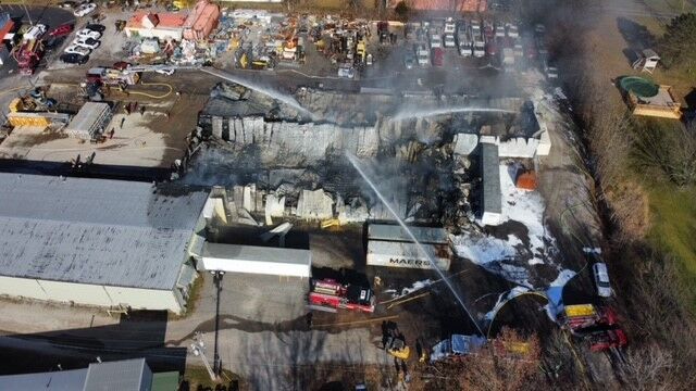 Aerial view of Nov. 19, 2020 fire at Thomas Plastics in Scottsburg, Indiana.